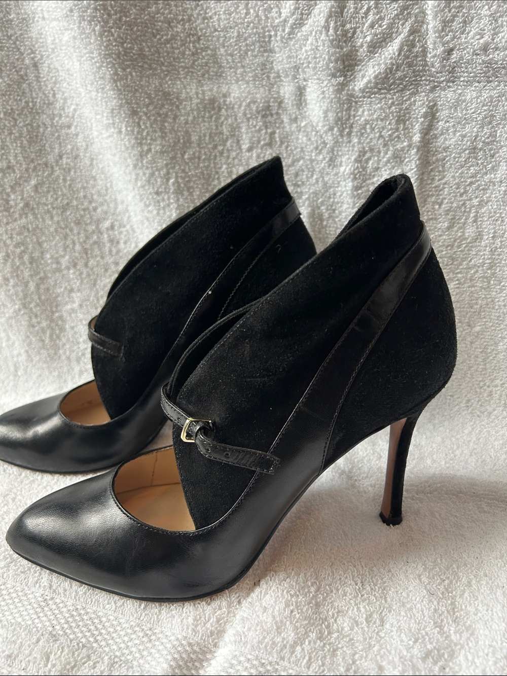 Nine West Black Suede and Leather Ankle Strap Stiletto Pumps